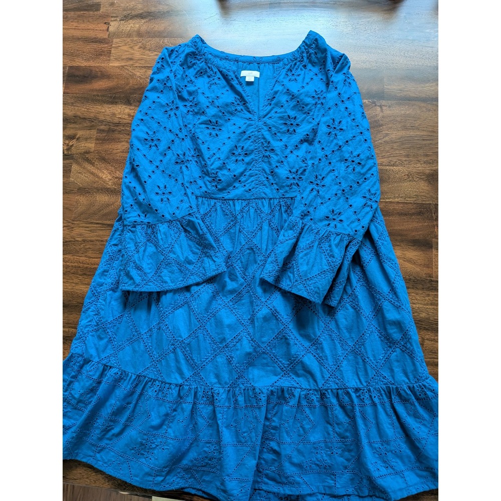 J. Jill Blue Cotton Eyelet Tiered Bell Sleeve Dress Petite Small Greek Vacation